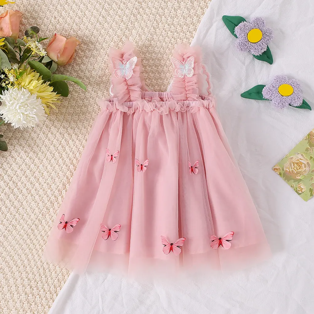Summer Children'S Clothing Girls' Baby Dress Girls' Cartoon Embroidery Butterfly Wings Cute Suspender Mesh Princess Dress