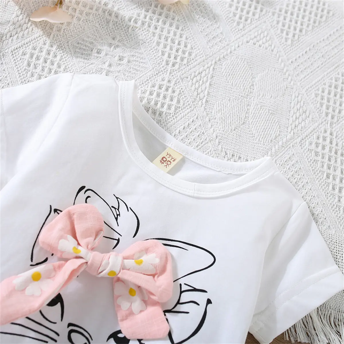 Baby Girl T-shirt Dress Summer Cartoon Cat Print Splicing Daisy Dress Cute Fake Two-piece Set Short Sleeved Dress