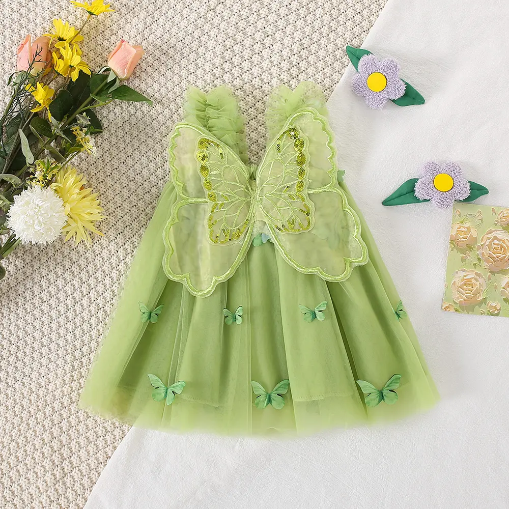 Summer Children'S Clothing Girls' Baby Dress Girls' Cartoon Embroidery Butterfly Wings Cute Suspender Mesh Princess Dress