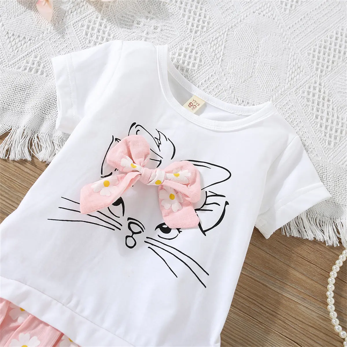 Baby Girl T-shirt Dress Summer Cartoon Cat Print Splicing Daisy Dress Cute Fake Two-piece Set Short Sleeved Dress