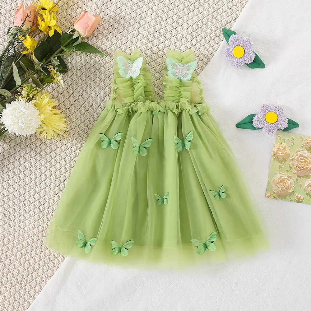 Summer Children'S Clothing Girls' Baby Dress Girls' Cartoon Embroidery Butterfly Wings Cute Suspender Mesh Princess Dress