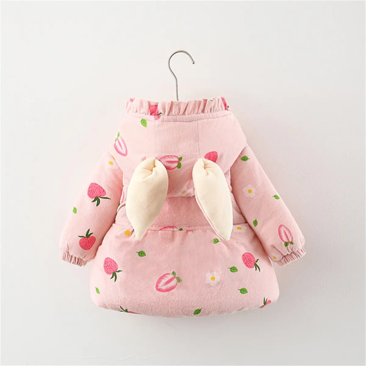 2 Pieces/Set Of Winter Girls' Jackets Bags Cartoon Strawberry Prints Single Breasted Rabbit Ears Hooded Cotton Clothes
