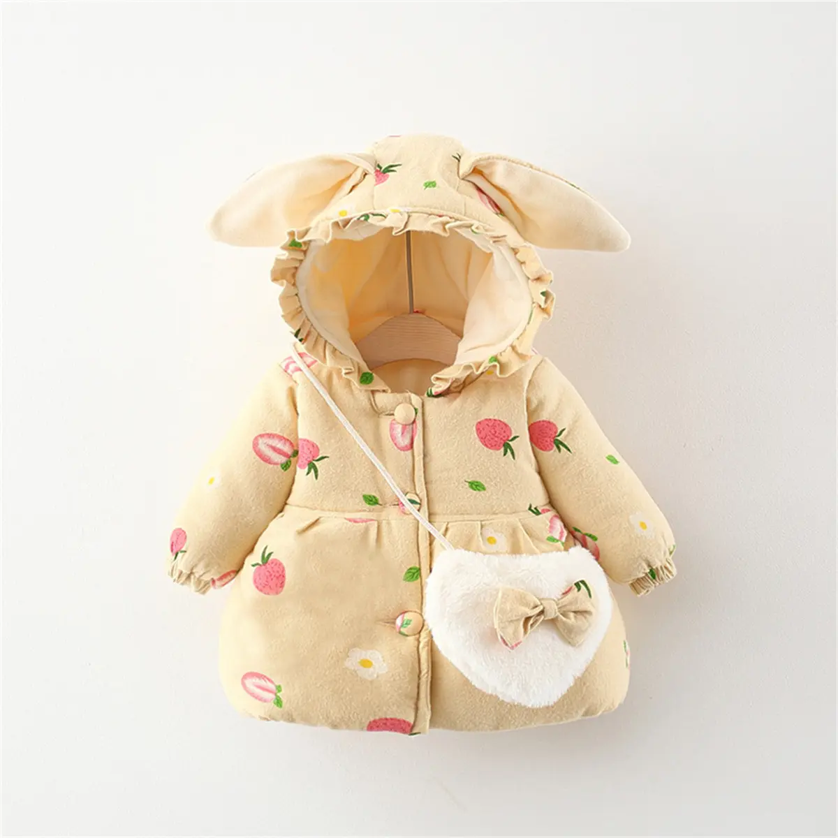 2 Pieces/Set Of Winter Girls' Jackets Bags Cartoon Strawberry Prints Single Breasted Rabbit Ears Hooded Cotton Clothes