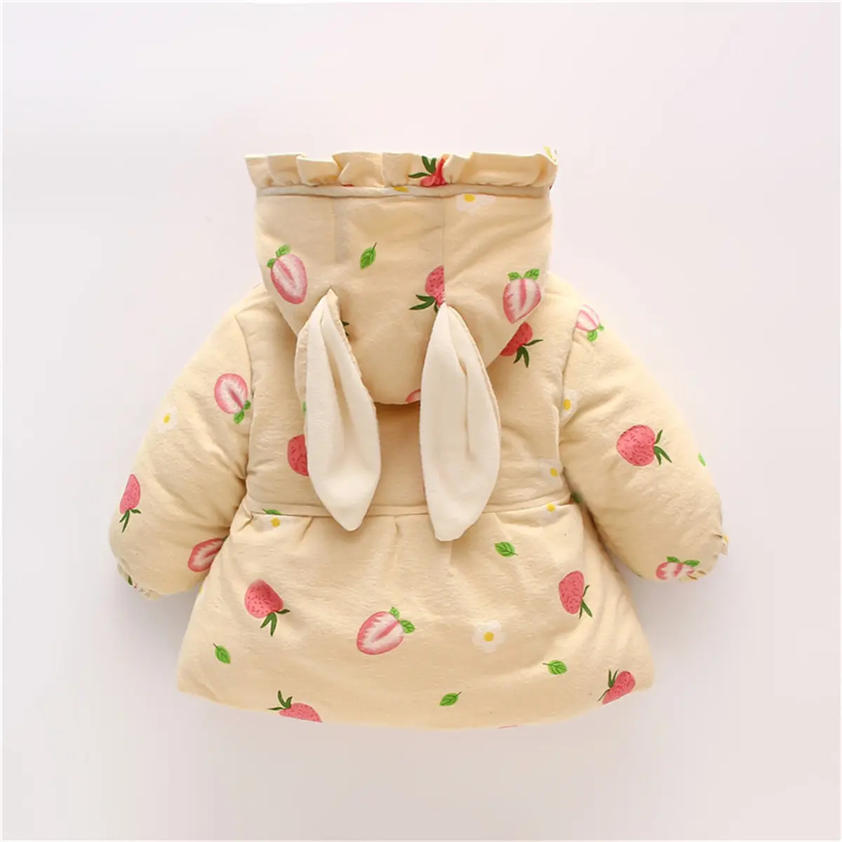 2 Pieces/Set Of Winter Girls' Jackets Bags Cartoon Strawberry Prints Single Breasted Rabbit Ears Hooded Cotton Clothes