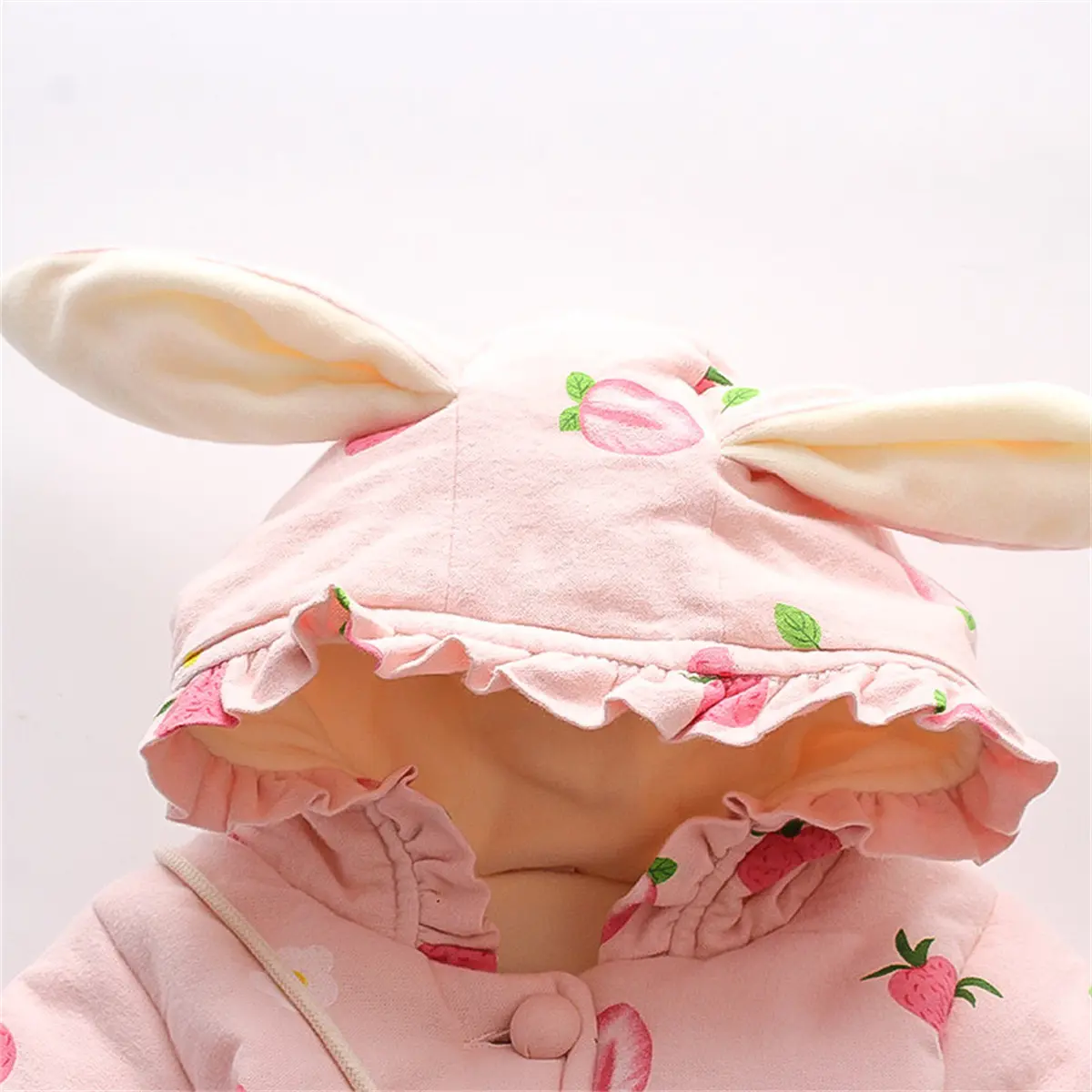 2 Pieces/Set Of Winter Girls' Jackets Bags Cartoon Strawberry Prints Single Breasted Rabbit Ears Hooded Cotton Clothes