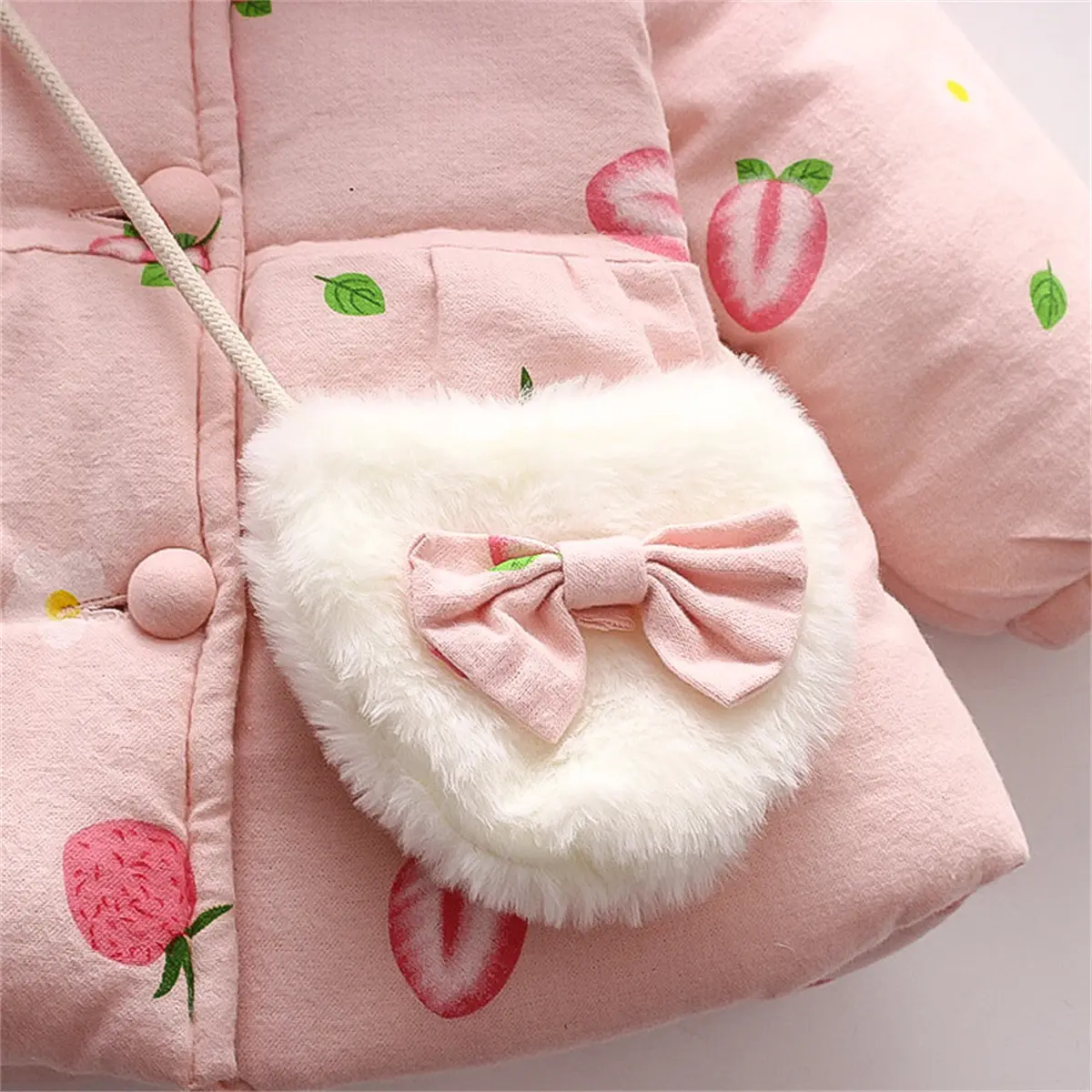 2 Pieces/Set Of Winter Girls' Jackets Bags Cartoon Strawberry Prints Single Breasted Rabbit Ears Hooded Cotton Clothes