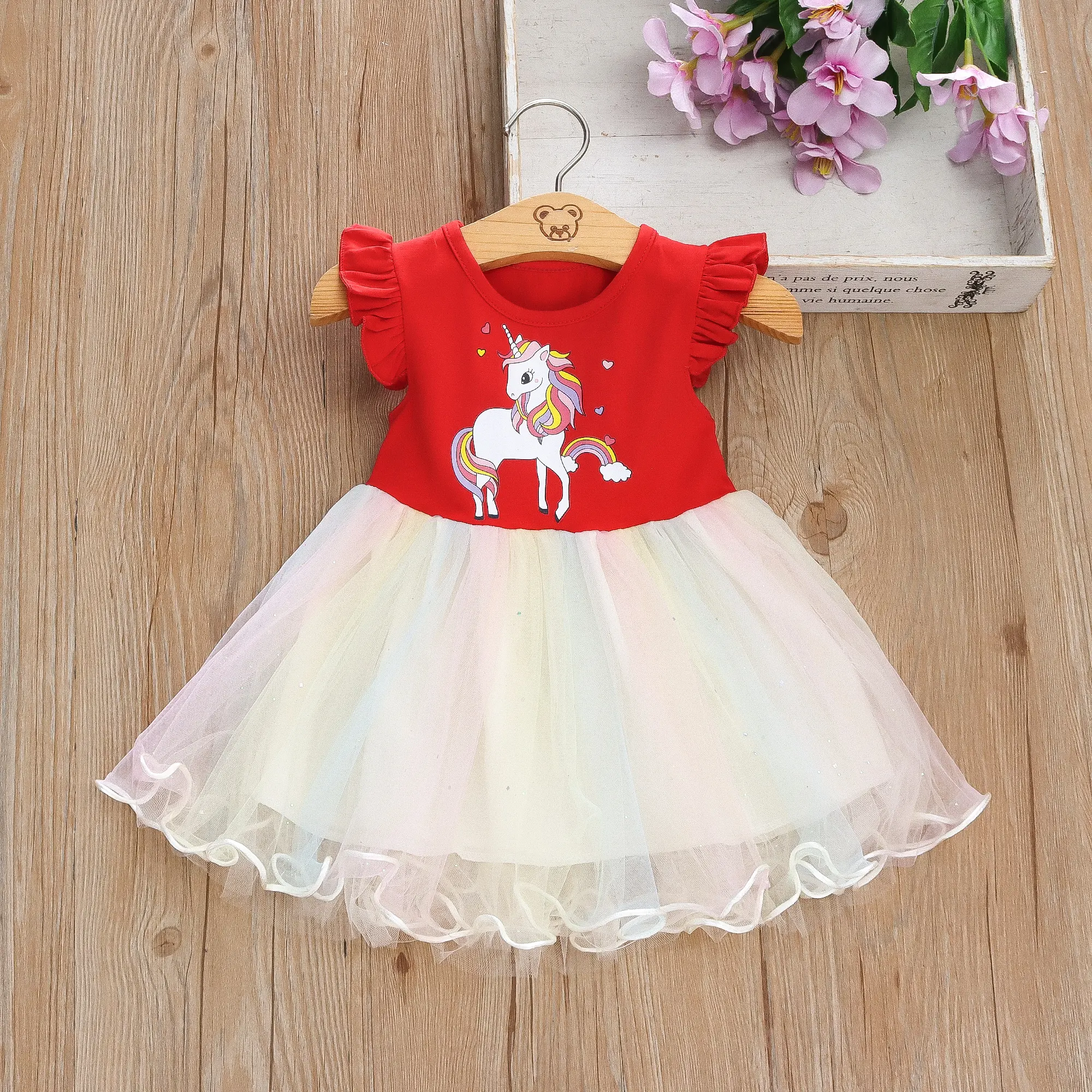 Girls' New Summer Little Flying Sleeve Cartoon Print Dress with Children's Patchwork Gradient Mesh Pengpeng Princess Dress