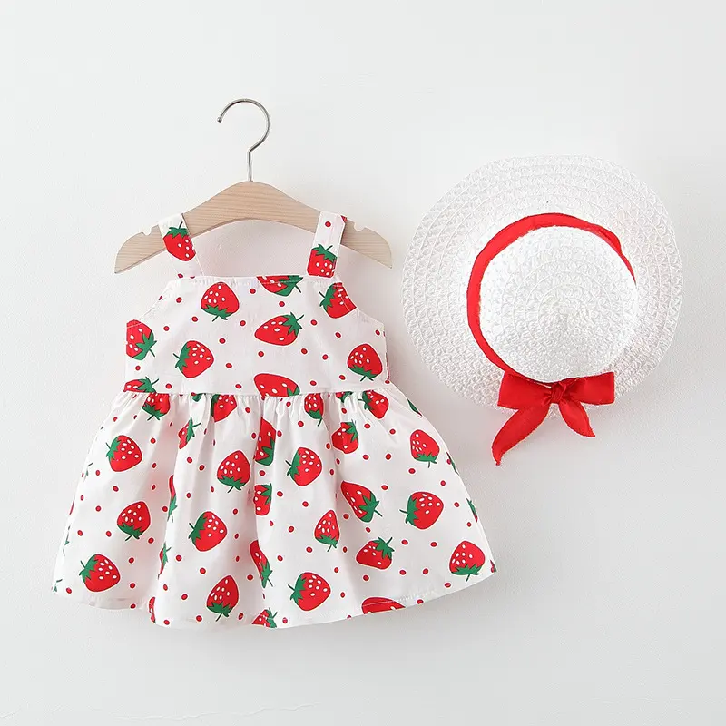 Dress and hat two-piece set for summer girls fresh and fresh full of strawberry print large bow and suspender dress