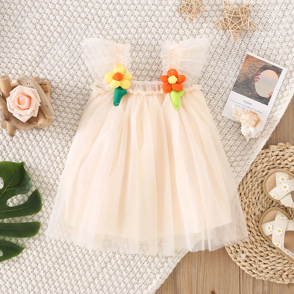Beach Birthday Party Children'S Dress Summer Girl Baby Sweet 3d Flower Mesh Solid Color Loose Princess Dress