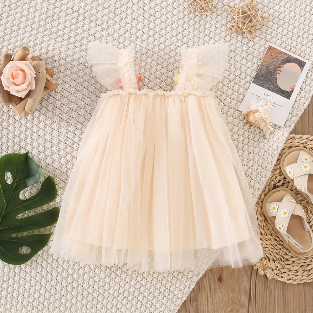 Beach Birthday Party Children'S Dress Summer Girl Baby Sweet 3d Flower Mesh Solid Color Loose Princess Dress