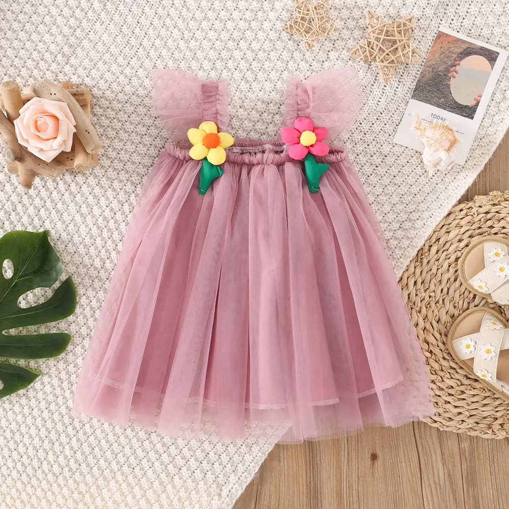 Beach Birthday Party Children'S Dress Summer Girl Baby Sweet 3d Flower Mesh Solid Color Loose Princess Dress