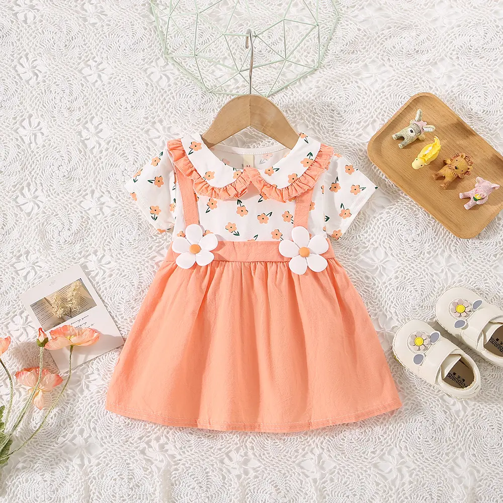 Children's Clothing Dress Summer Girls' Lace Lapel Short Sleeved Solid Color Shoulder Strap Dress Fake Two Pieces