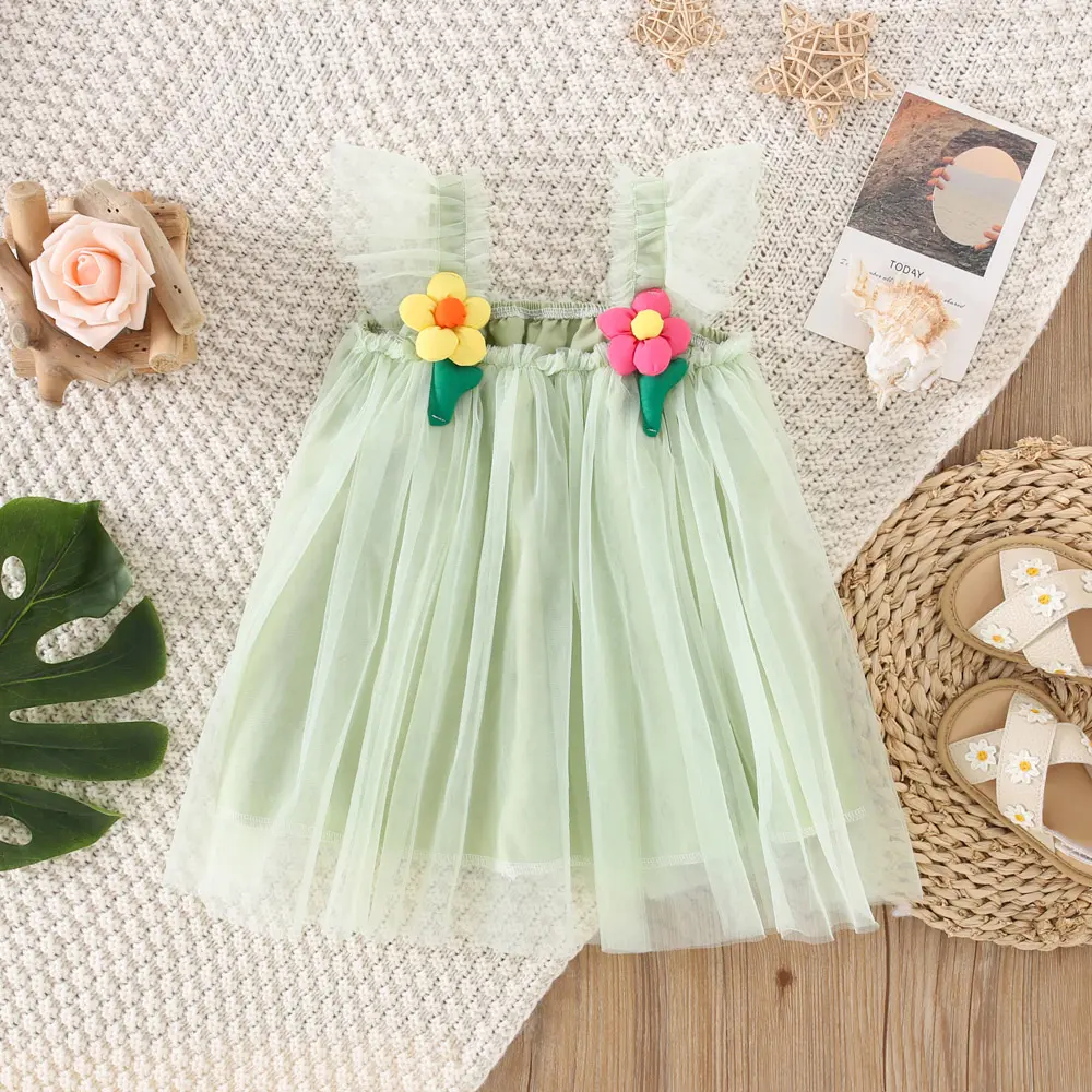 Beach Birthday Party Children'S Dress Summer Girl Baby Sweet 3d Flower Mesh Solid Color Loose Princess Dress