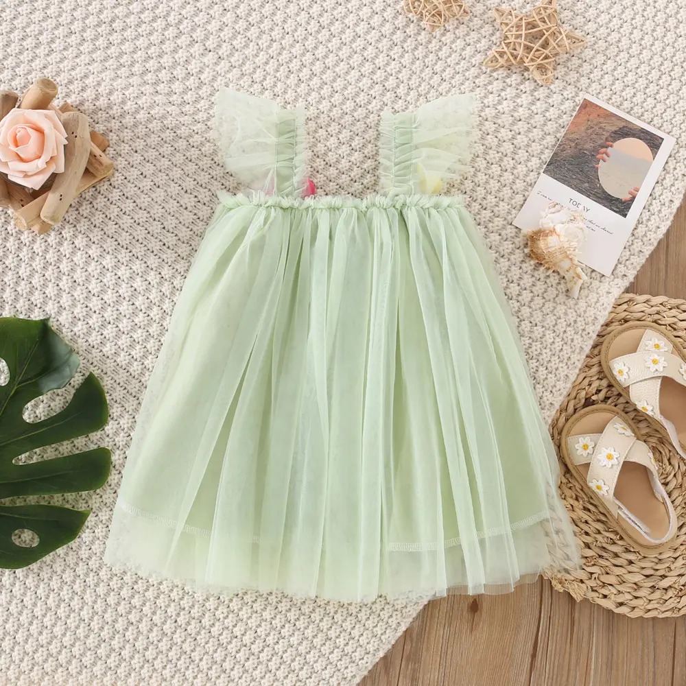 Beach Birthday Party Children'S Dress Summer Girl Baby Sweet 3d Flower Mesh Solid Color Loose Princess Dress