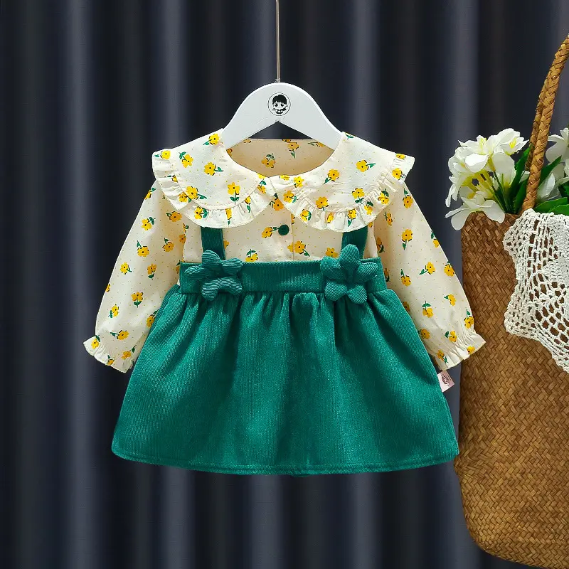 Girl's Dress Spring and Autumn New Children's Flower Print Splicing Solid Color 3D Flower Princess Dress