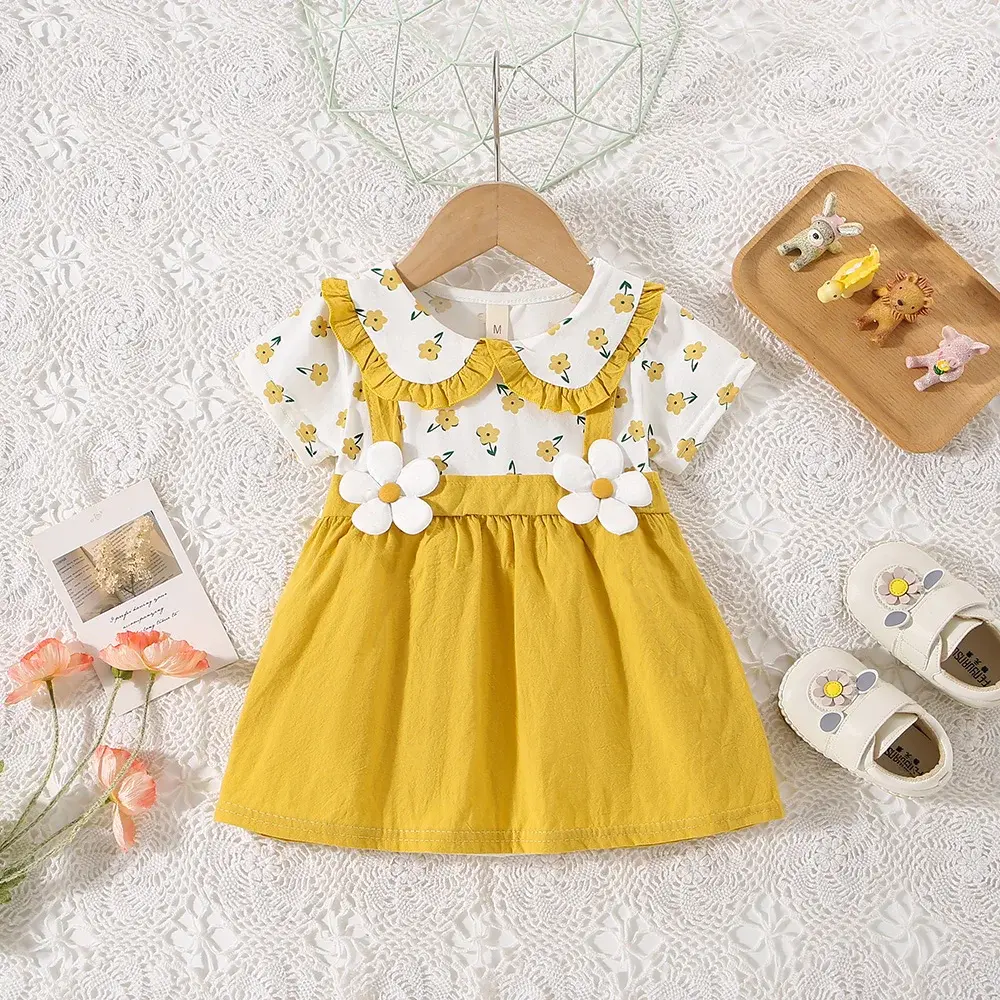 Children's Clothing Dress Summer Girls' Lace Lapel Short Sleeved Solid Color Shoulder Strap Dress Fake Two Pieces
