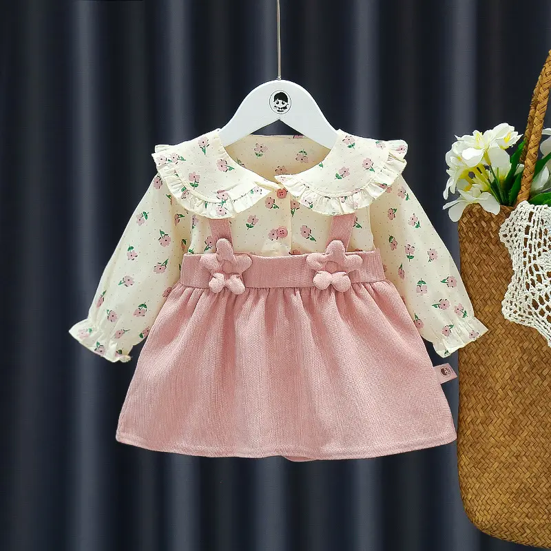 Girl's Dress Spring and Autumn New Children's Flower Print Splicing Solid Color 3D Flower Princess Dress