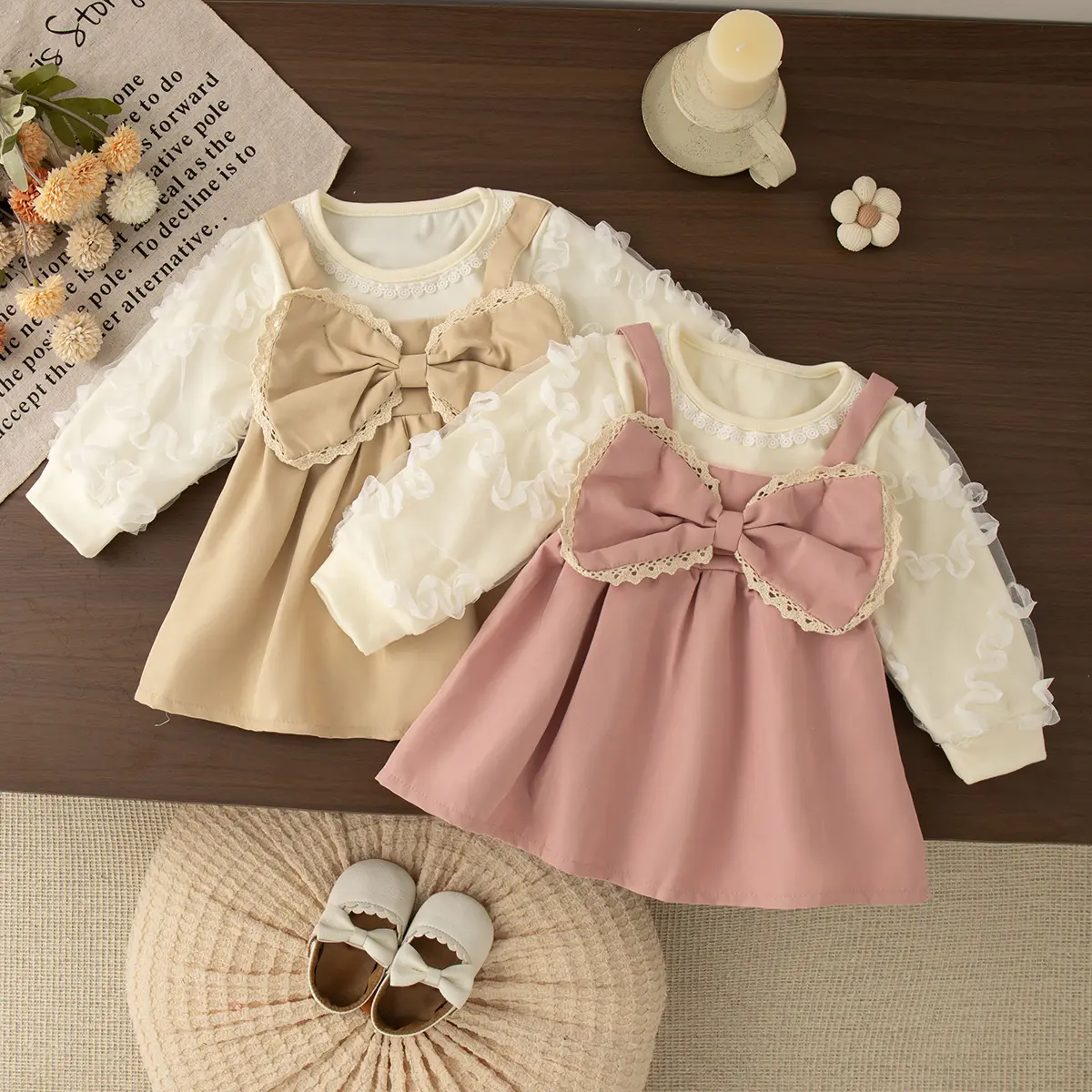 Toddler Dress Autumn New Long Sleeve Solid Color Girls Dress Imitation Two Piece Mesh Lace Edge Bow Girl Clothing