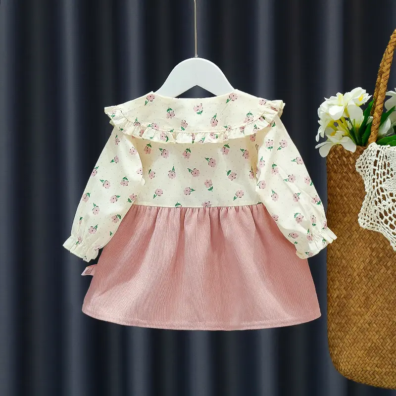 Girl's Dress Spring and Autumn New Children's Flower Print Splicing Solid Color 3D Flower Princess Dress