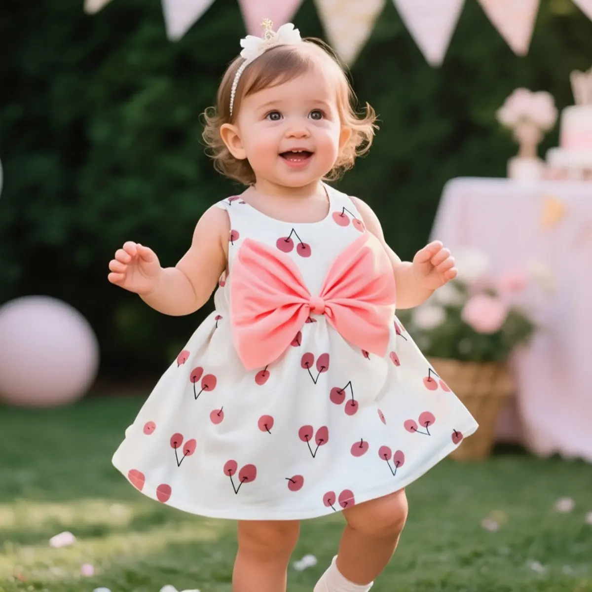 Summer 2/piece baby girl sleeveless cherry print large bow decorated beach dress and hat set for children's summer wear