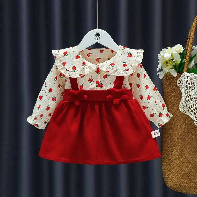 Girl's Dress Spring and Autumn New Children's Flower Print Splicing Solid Color 3D Flower Princess Dress