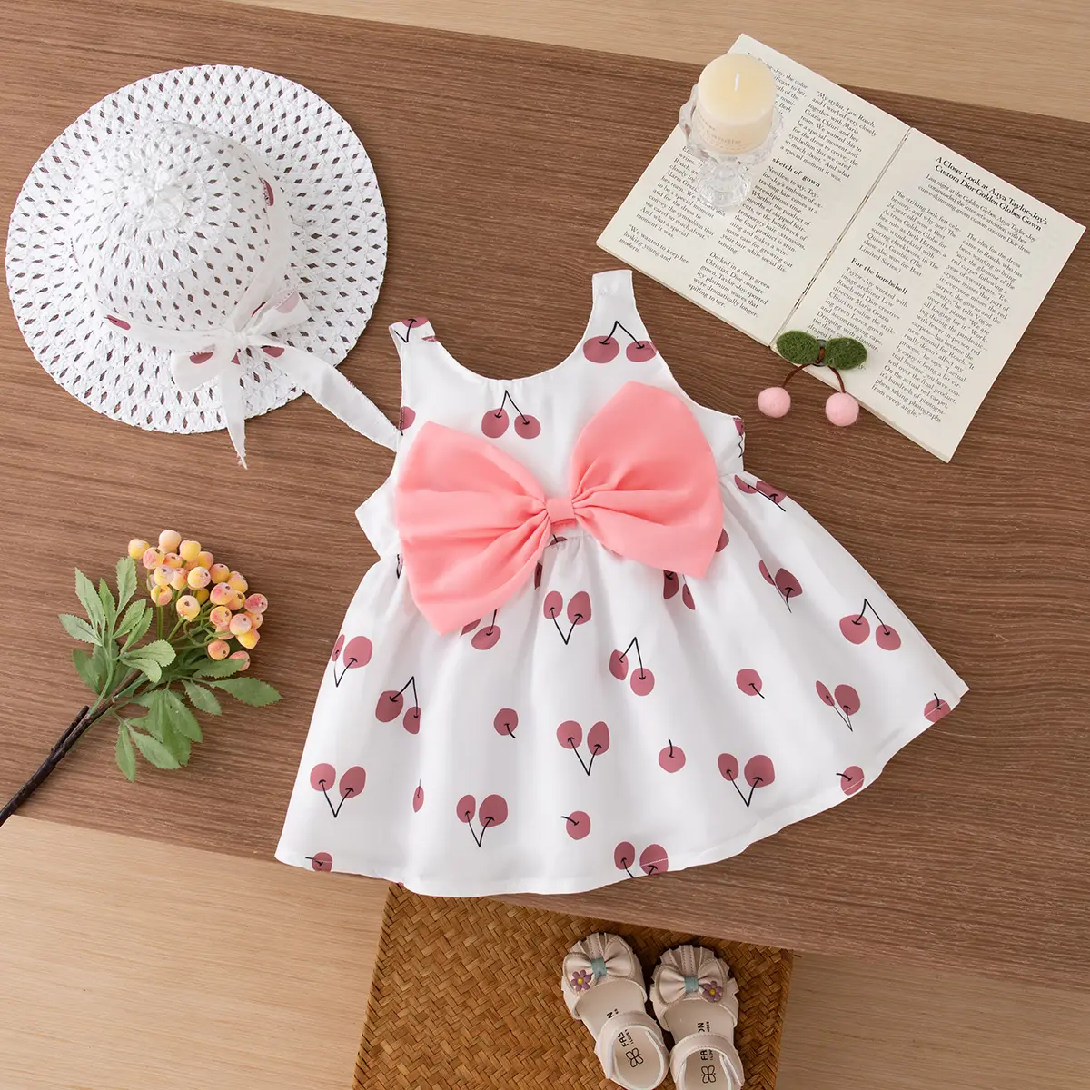 Summer 2/piece baby girl sleeveless cherry print large bow decorated beach dress and hat set for children's summer wear
