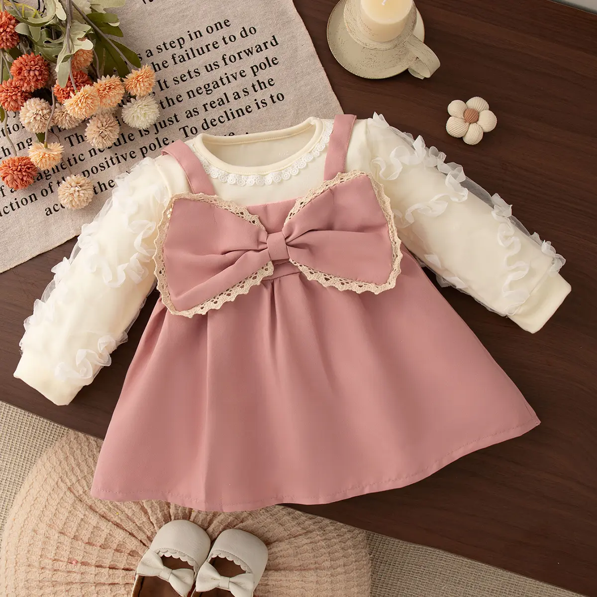 Toddler Dress Autumn New Long Sleeve Solid Color Girls Dress Imitation Two Piece Mesh Lace Edge Bow Girl Clothing