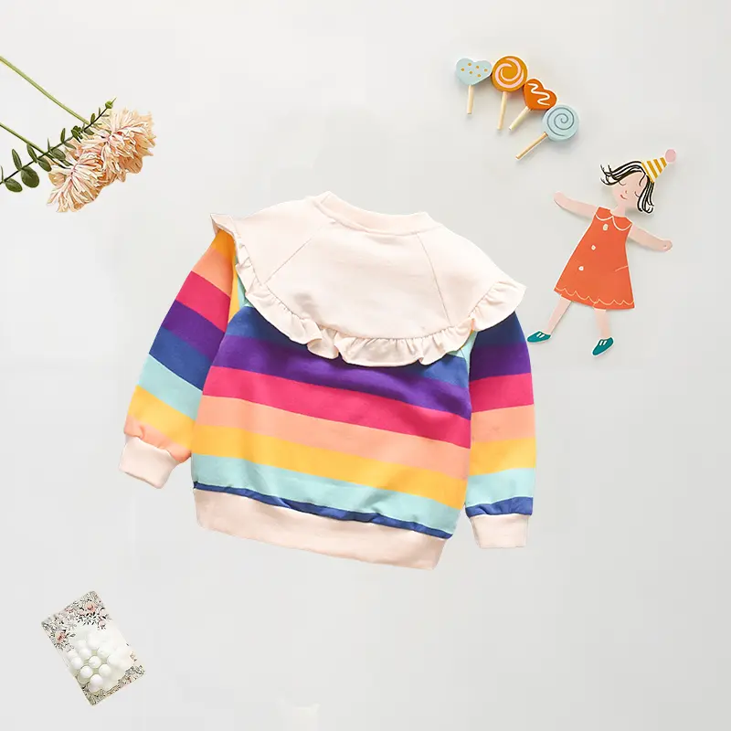 Girls' Clothing for Spring and Autumn Rainbow Striped Printed Round Neck Hoodie for Baby Girls Children's Cotton Thick Top (0-1)
