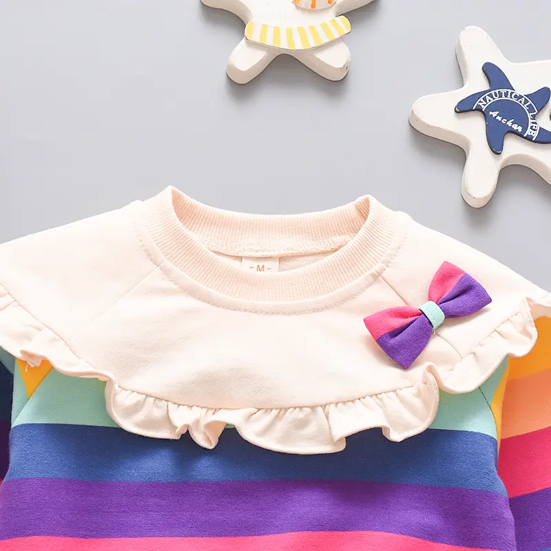 Girls' Clothing for Spring and Autumn Rainbow Striped Printed Round Neck Hoodie for Baby Girls Children's Cotton Thick Top (0-1)