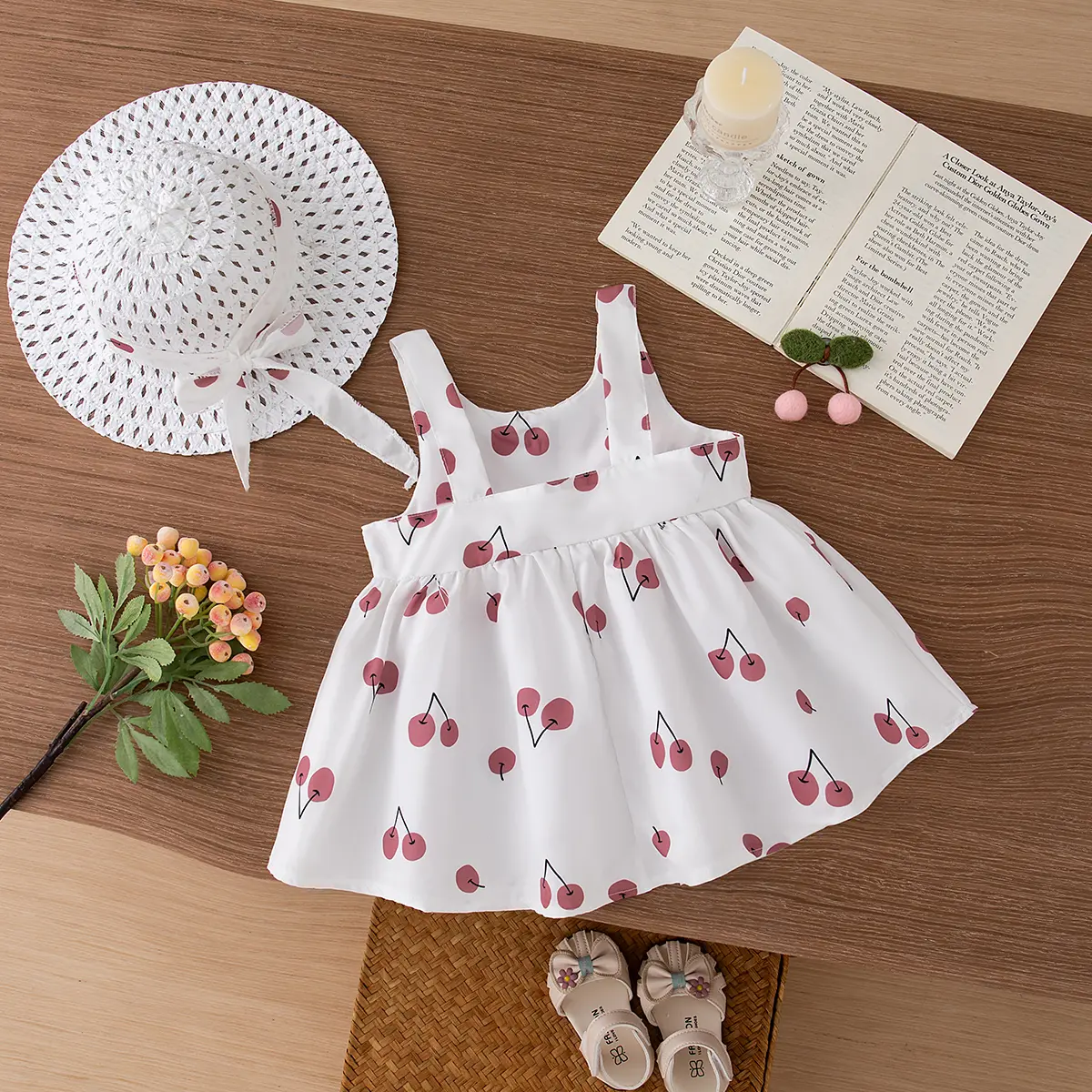 Summer 2/piece baby girl sleeveless cherry print large bow decorated beach dress and hat set for children's summer wear
