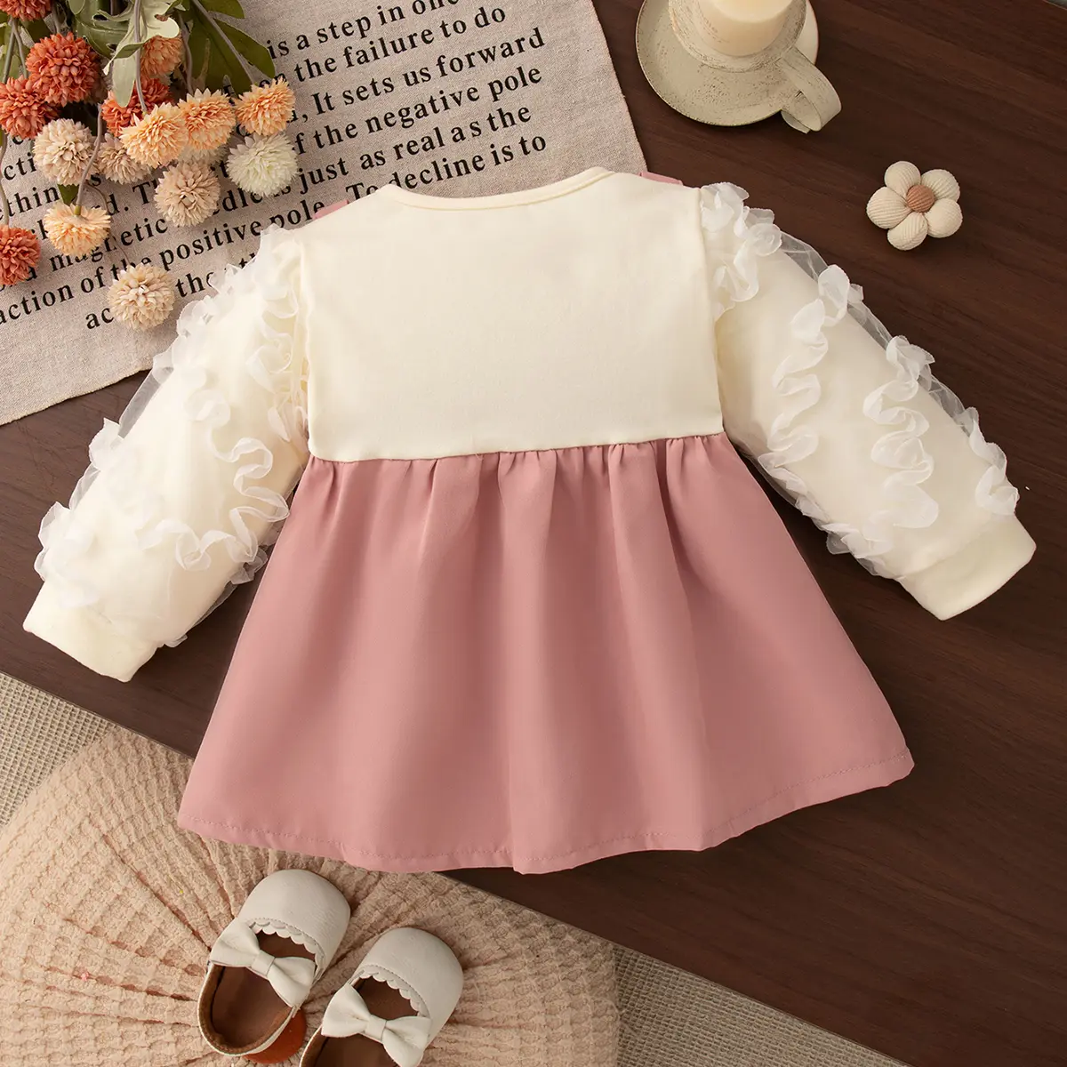 Toddler Dress Autumn New Long Sleeve Solid Color Girls Dress Imitation Two Piece Mesh Lace Edge Bow Girl Clothing