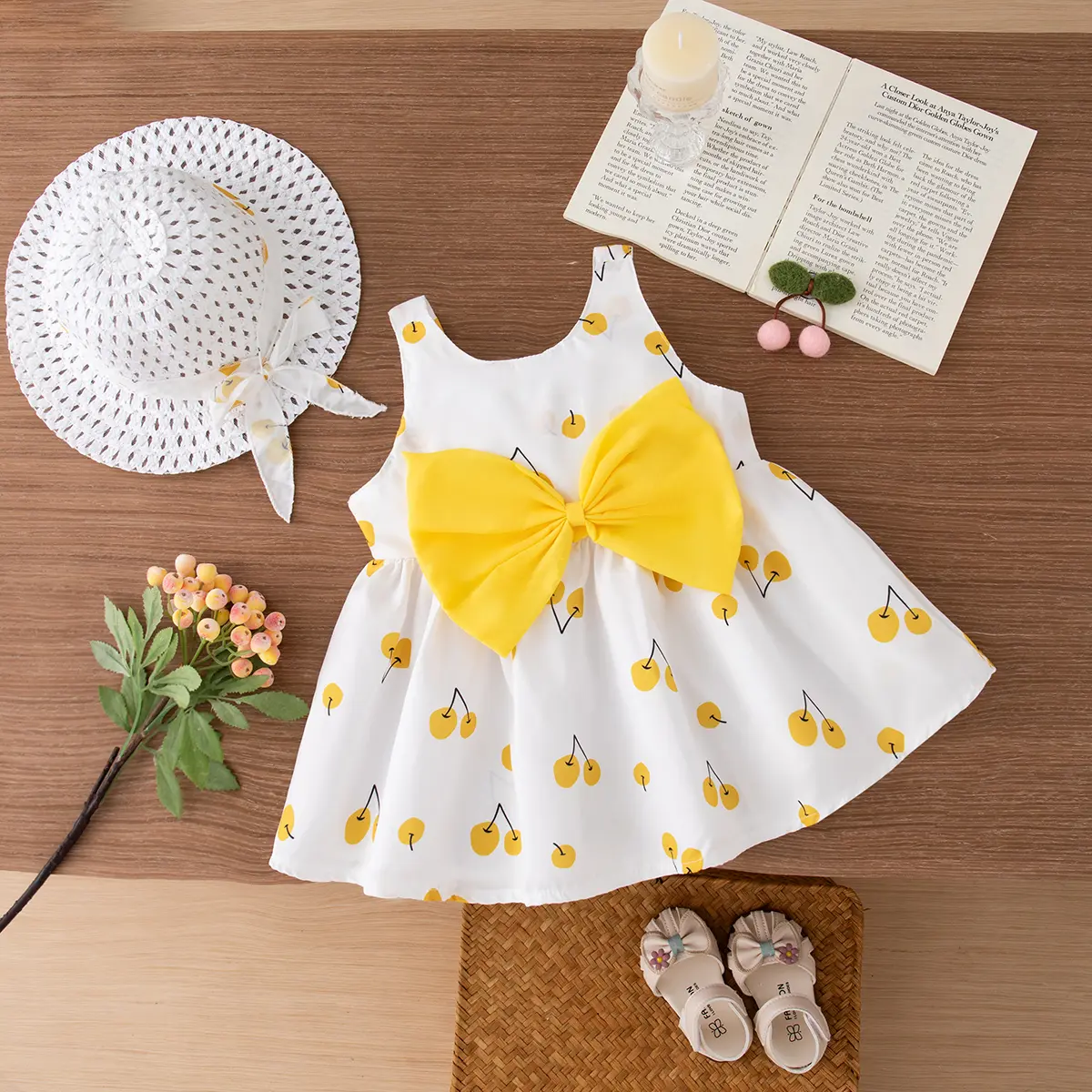Summer 2/piece baby girl sleeveless cherry print large bow decorated beach dress and hat set for children's summer wear