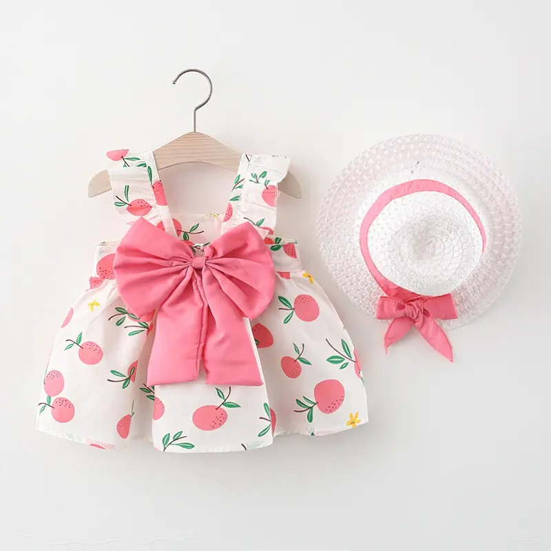 Summer New Comfortable And Breathable 2-Piece Set Of Baby Girl Dress With Fruit All Over Printed Cotton Fashion Dress+Hat