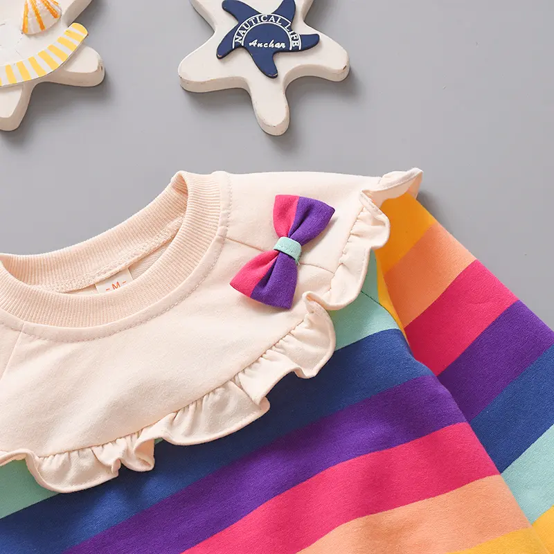 Girls' Clothing for Spring and Autumn Rainbow Striped Printed Round Neck Hoodie for Baby Girls Children's Cotton Thick Top (0-1)
