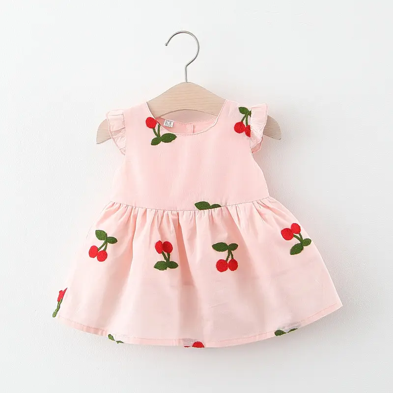 Summer Baby Girl Dress Girl's Cherry Embroidered Round Neck Small Flying Sleeves Princess Dress Children's Dress