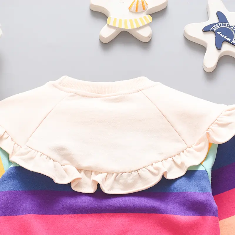 Girls' Clothing for Spring and Autumn Rainbow Striped Printed Round Neck Hoodie for Baby Girls Children's Cotton Thick Top (0-1)