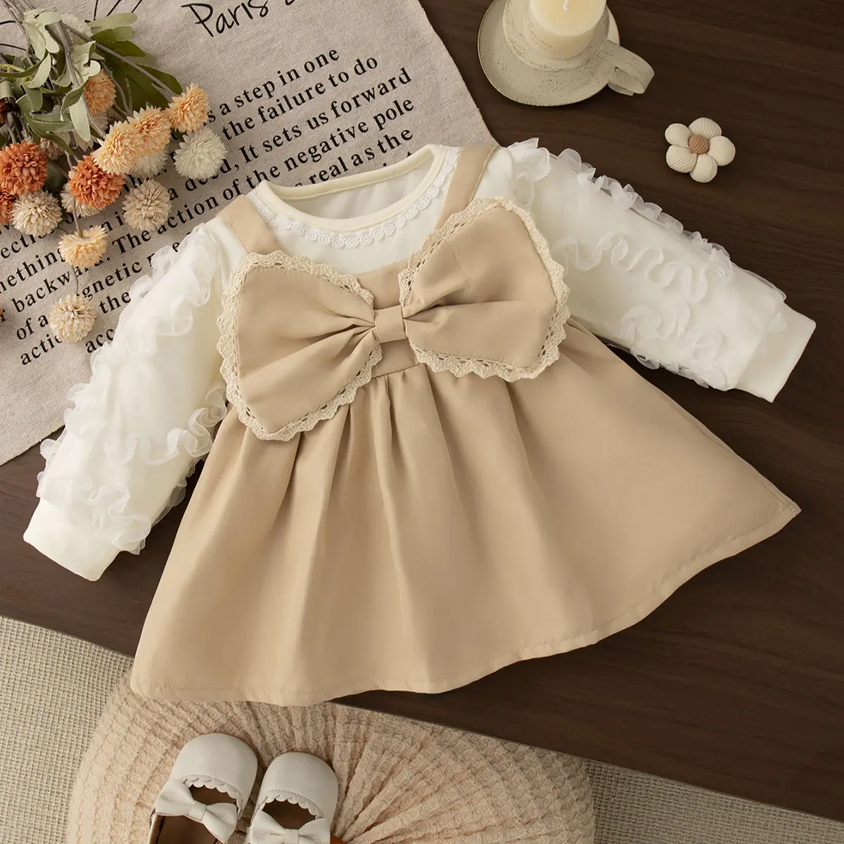 Toddler Dress Autumn New Long Sleeve Solid Color Girls Dress Imitation Two Piece Mesh Lace Edge Bow Girl Clothing