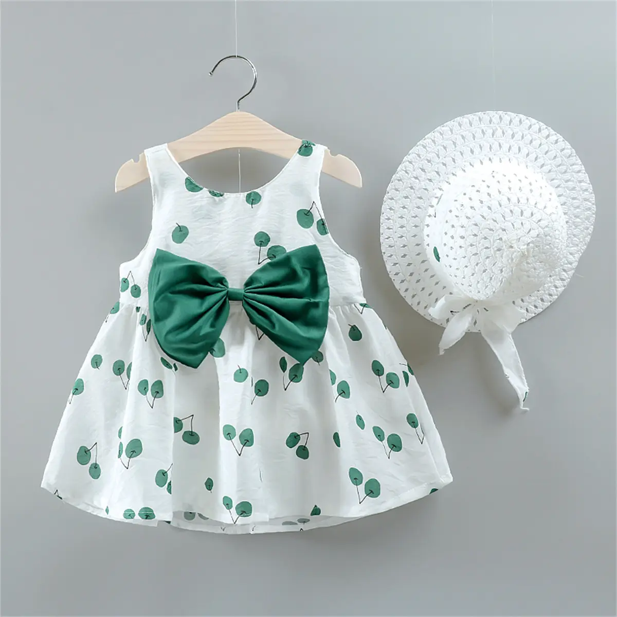 (0-3Y) Summer Girls' Sleeveless Dress And Sunshade Hat Baby Girl Clothes Cherry Print Flower Bow Cut Out Beach Dress