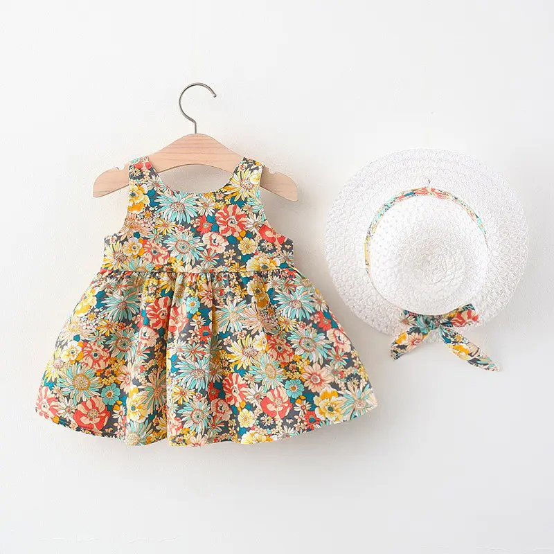 2/piece set of girl dresses and hats summer girl big bow various flower prints suspender princess dresses