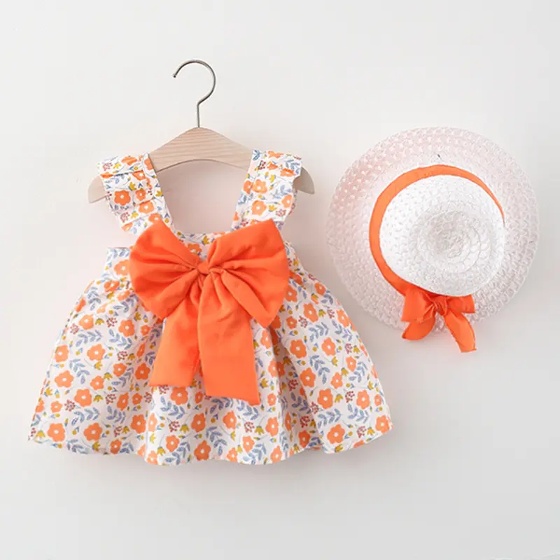 Summer New Comfortable And Breathable 2-Piece Set Of Baby Girl Dress With Fruit All Over Printed Cotton Fashion Dress+Hat