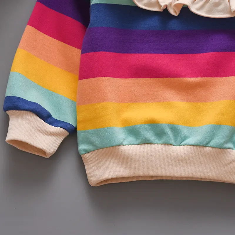 Girls' Clothing for Spring and Autumn Rainbow Striped Printed Round Neck Hoodie for Baby Girls Children's Cotton Thick Top (0-1)
