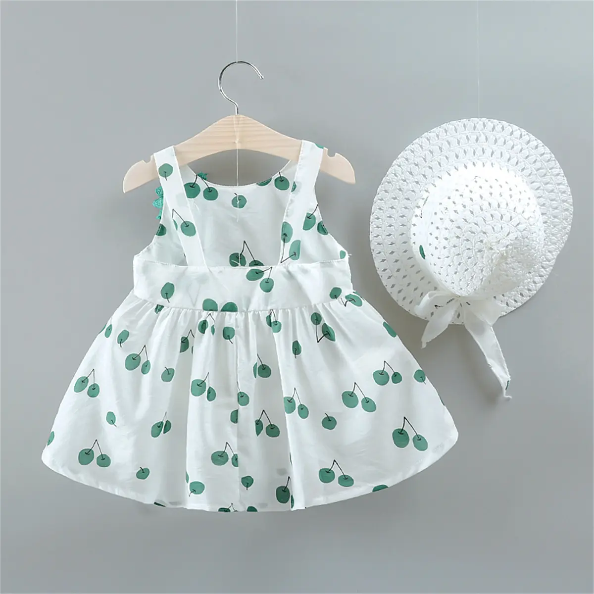 (0-3Y) Summer Girls' Sleeveless Dress And Sunshade Hat Baby Girl Clothes Cherry Print Flower Bow Cut Out Beach Dress