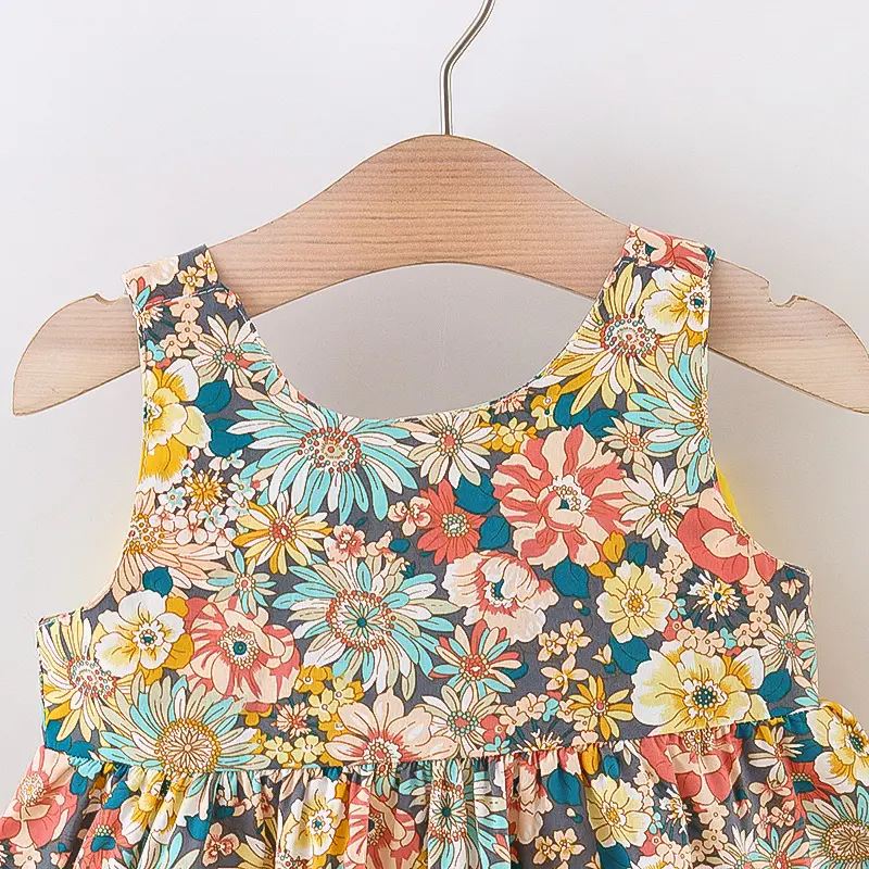 2/piece set of girl dresses and hats summer girl big bow various flower prints suspender princess dresses