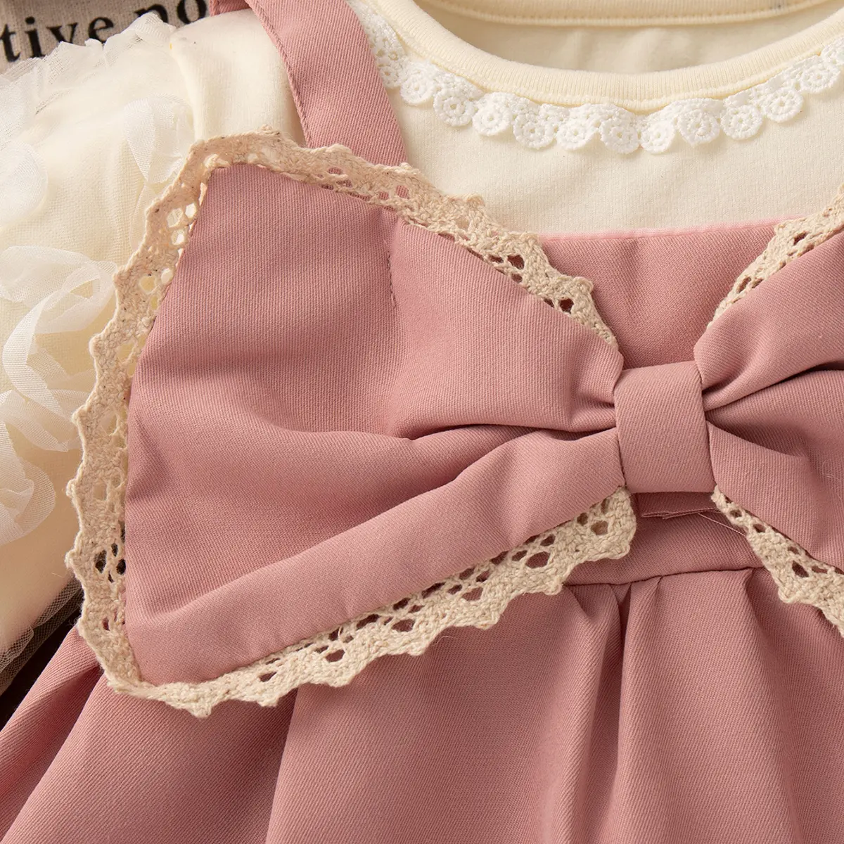 Toddler Dress Autumn New Long Sleeve Solid Color Girls Dress Imitation Two Piece Mesh Lace Edge Bow Girl Clothing