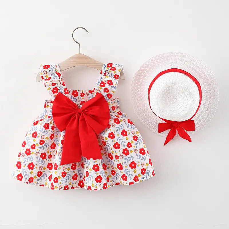 Summer New Comfortable And Breathable 2-Piece Set Of Baby Girl Dress With Fruit All Over Printed Cotton Fashion Dress+Hat