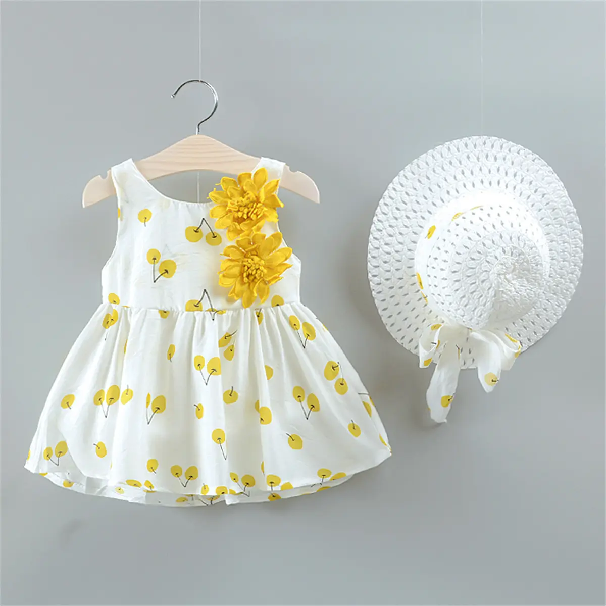 (0-3Y) Summer Girls' Sleeveless Dress And Sunshade Hat Baby Girl Clothes Cherry Print Flower Bow Cut Out Beach Dress