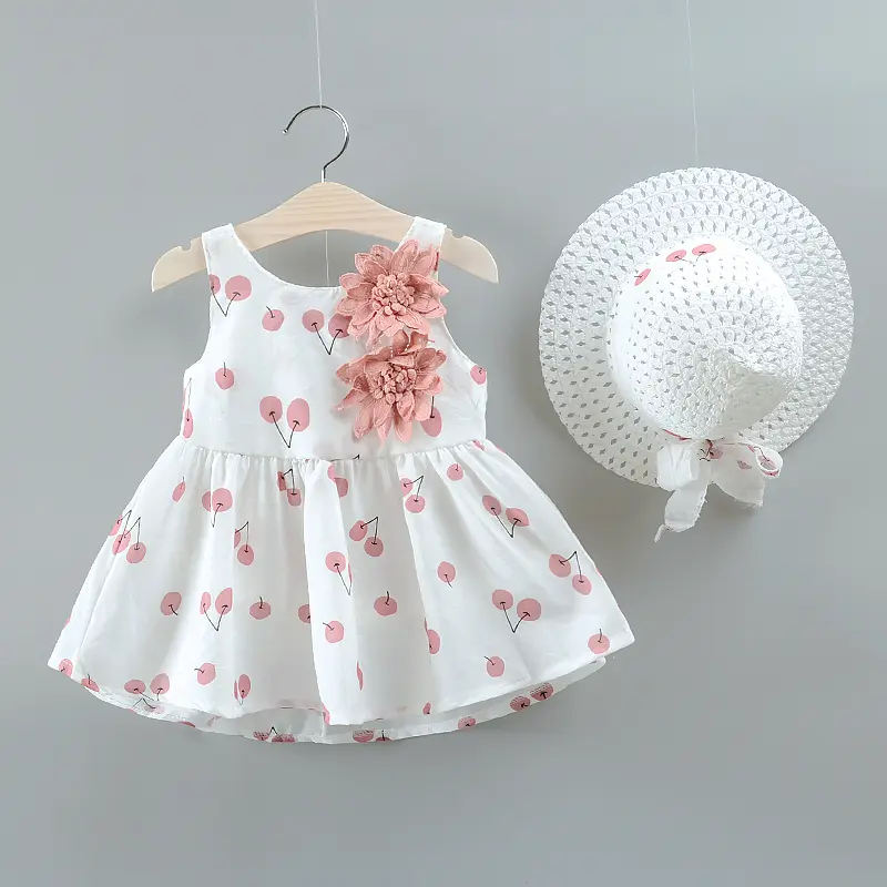 (0-3Y) Summer Girls' Sleeveless Dress And Sunshade Hat Baby Girl Clothes Cherry Print Flower Bow Cut Out Beach Dress