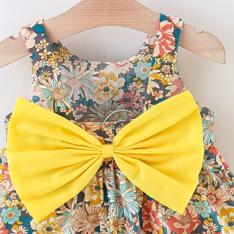 2/piece set of girl dresses and hats summer girl big bow various flower prints suspender princess dresses