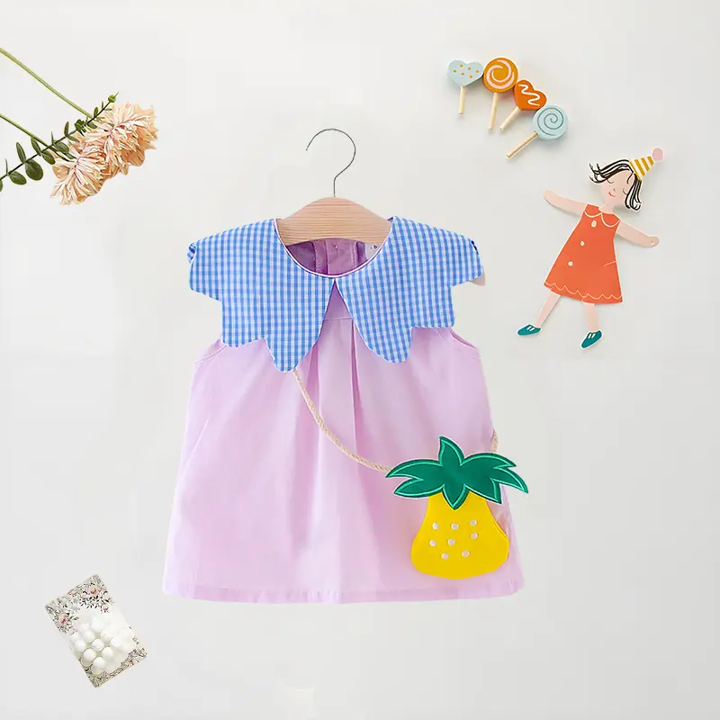 Summer Baby Girl Dress+Bag 2 Pcs  Baby Girl Plaid Big Collar Solid Color Dress Cute Loose Cotton Comfortable Sleeveless Dress