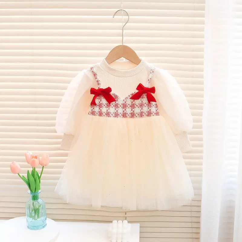 Baby Girl Dresses Autumn New Long Sleeved Clothes Girl Mesh Imitates Two Pieces Sweet Bow Sequins Toddler Dress
